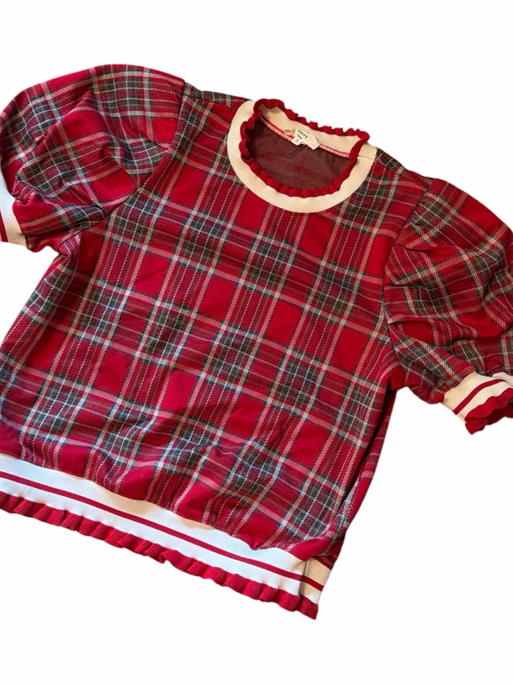 ENTRO Red Plaid Puff Sleeve Top with Contrast Ruffle Trim